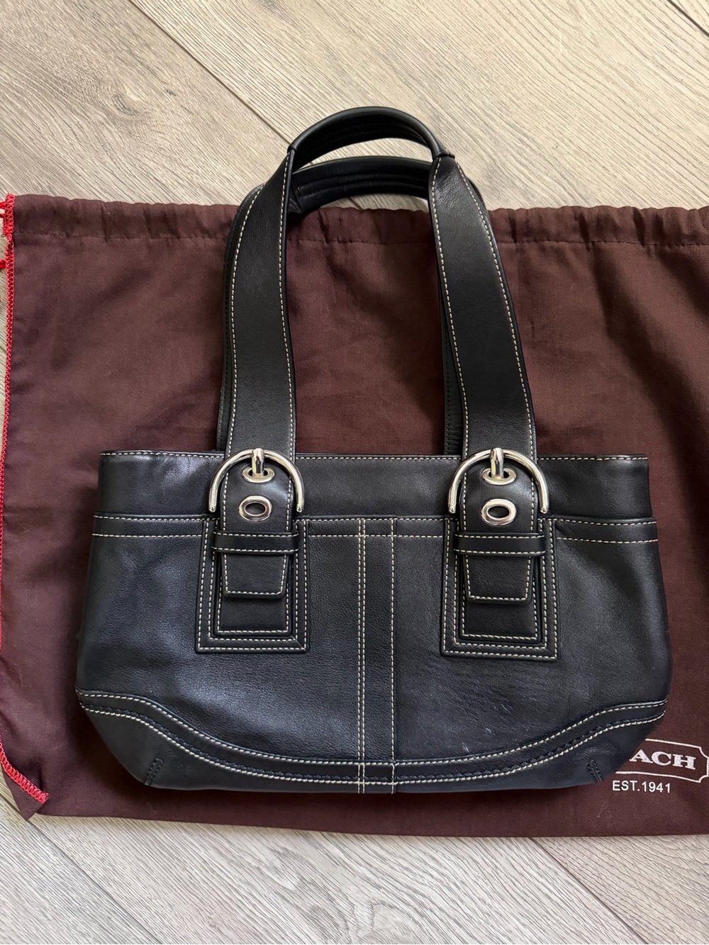 Coach Black Leather Shoulder Tote with Contrast Stitching